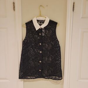 Suzy Shier Black Lace Top with White Collar Bejewlled Buttons
